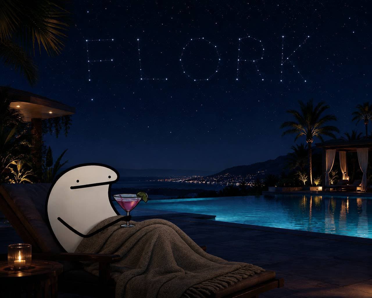 Flork relaxing poolside at night with FLORK spelled in the stars